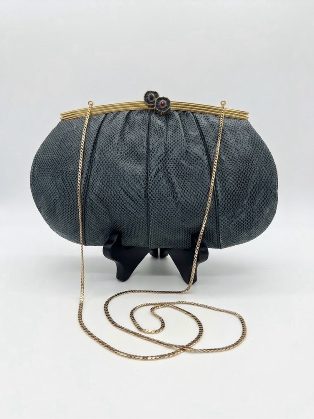 VTG 80s Judith Leiber Dark Teal Blue Snakeskin Frame Clutch Bag Gold Chain Strap